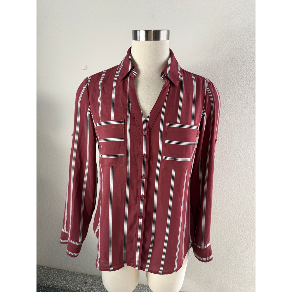 Express Portofino Shirt Womens Small Slim Fit Burgundy Striped Button Up Blouse